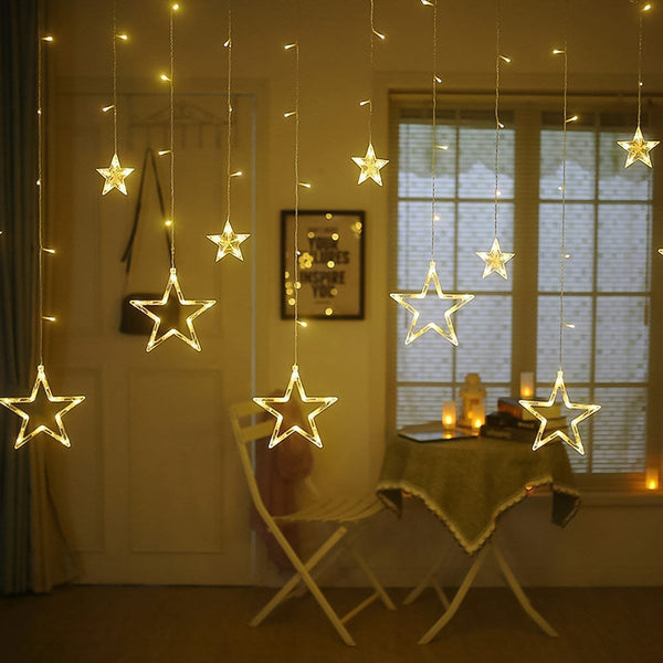 3385 12 Stars Led Curtain String Lights With 8 Flashing Modes For Home Decoration Diwali  Wedding Led Christmas Light Indoor And Outdoor Light Festival Decoration  (Warm White)